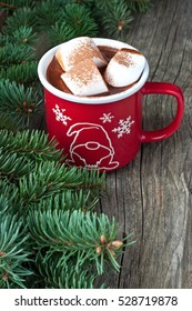 Hot Cocoa With Marshmallows On The Wooden Background. Christmas Concept