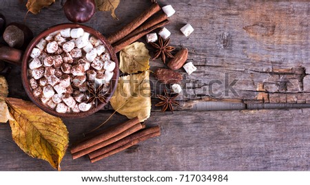 Hot cocoa with marshmallows with spices on the old wooden boards. Coffee, cocoa, cinnamon, nuts, star anise, cozy sweater
Autumn Still Life