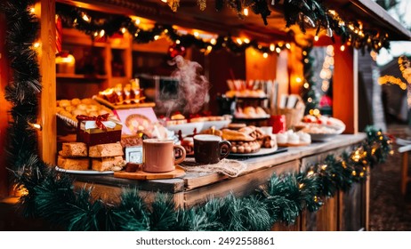 Hot Cocoa Stand. A cozy outdoor hot cocoa stand decorated with Christmas lights and garlands, offering warm drinks and treats to passersby, perfect for holiday markets and events. Cozy Christmas Fair - Powered by Shutterstock