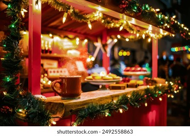 Hot Cocoa Stand. A cozy outdoor hot cocoa stand decorated with Christmas lights and garlands, offering warm drinks and treats to passersby, perfect for holiday markets and events. Cozy Christmas Fair - Powered by Shutterstock