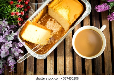 Hot Coffee And Butter Pound Cake On Wooden Vintage,Top View