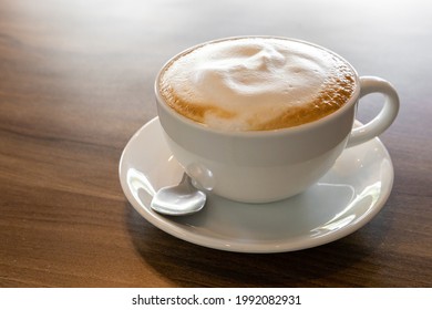 Hot Coffee Cappuccino Latte Spiral Foam On Dark Wooden Background, Hot Coffee With Foam Milk