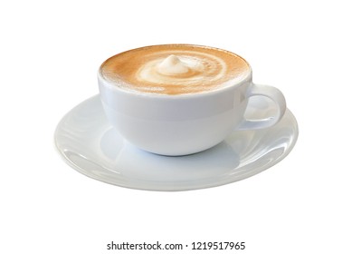 Hot Coffee Cappuccino Latte In White Cup With Stirred Spiral Milk Foam Texture Isolated On White Background, Clipping Path Included.