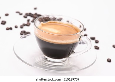 Hot Coffee In Clear Glass,Transparent Coffee Cup With Roasted Coffee Beans Isolated On A White Background