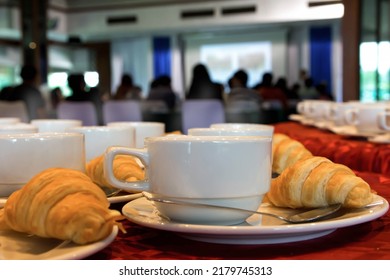 Hot Coffee And Croissant Snack Breakfast Meeting Group.
Seminar Business Room Hotel Restaurant Coffee Break.