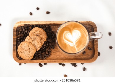 Hot coffee, a cup of cappuccino with latte art heart on wooden background. glass coffee mug. Love coffee. - Powered by Shutterstock