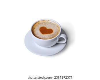 Hot coffee cup with heart art in a ceramic white cup isolated on white background.