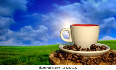 Hot coffee cup with organic coffee beans on the wooden table and the plantations background with copy space. Natural background blurred blue sky and meadow - Shutterstock ID 1542891032