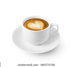 hot coffee cup,cappuccino, espresso have heart shaped cream isolated with clipping path on white background.
