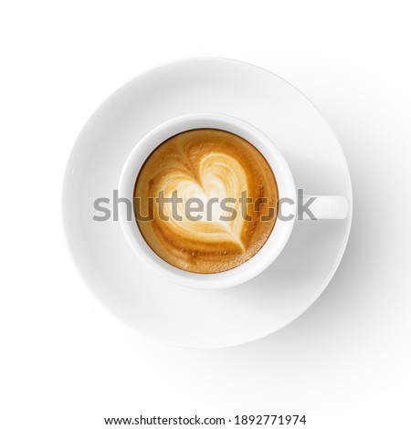 hot coffee cup,cappuccino, espresso, top view, have heart shaped cream isolated with clipping path on white background.