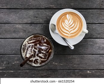 Hot Coffee And Iced Coffee On Wood Table , Top View