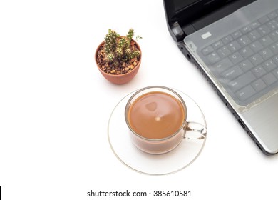 Hot Coffee With Laptop On White Background.