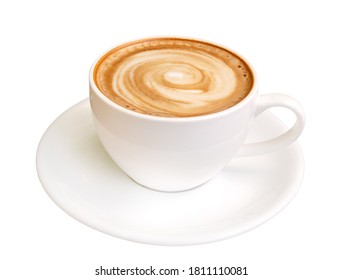 Hot coffee latte art spiral shape foam, cappuccino isolated on white background, clipping path
