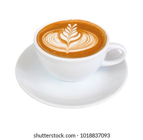 Hot coffee latte with beautiful milk foam latte art texture isolated on white background, clipping path included.