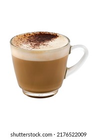 Hot Coffee Latte Cappuccino Spiral Foam In Clear Coffee Glass Isolated On White Background, Clipping Path Included