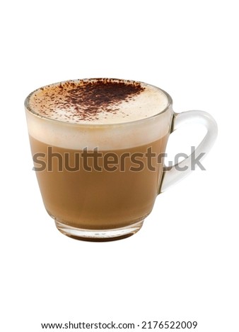Hot coffee latte cappuccino spiral foam in clear coffee glass isolated on white background, clipping path included