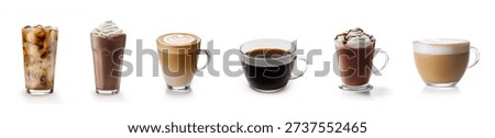 Hot and Cold Coffee and Tea Drinks Collection Isolated on White Background Featuring Cappuccino, Black Tea, Caramel Latte Macchiato, Mocha with Whipped Cream, Matcha Latte, Iced Coffee, Cold Brew, Espresso, Americano and Milk Coffee Variety Set for Cafe Menu Beverage Design. Hot beverages set isolated on white background matcha, macchiato, black coffee, cappuccino, green tea, and creamy espresso drinks in glass and ceramic cups. Professional cafe style drink collection ideal for cafe shop menu design, breakfast concepts, barista branding, and commercial beverage advertising. Hot beverages set and collection isolated on white background set menu. Cafe collection.