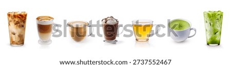 Hot and Cold Coffee and Tea Drinks Collection Isolated on White Background Featuring Cappuccino, Black Tea, Caramel Latte Macchiato, Mocha with Whipped Cream, Matcha Latte, Iced Coffee, Cold Brew, Espresso, Americano and Milk Coffee Variety Set for Cafe Menu Beverage Design. Hot beverages set isolated on white background matcha, macchiato, black coffee, cappuccino, green tea, and creamy espresso drinks in glass and ceramic cups. Professional cafe style drink collection ideal for cafe shop menu design, breakfast concepts, barista branding, and commercial beverage advertising. Hot beverages set and collection isolated on white background set menu. Cafe collection.