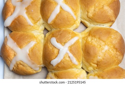 Hot Cross Buns In Close-up, A Food Associated With Good Friday.Easter Baked Goods.