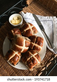 Hot Cross Buns On Rattan Tray Ready For Eating