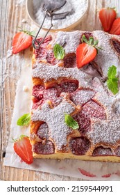 Hot And Delicious Strawberry Cake Made Of Yeast Dough. Summer Fruit Sponge Cake .