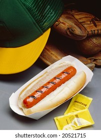 Hot Dog With Baseball Glove And Cap