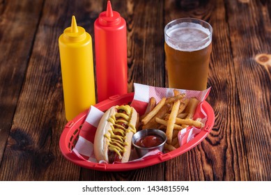 Hot Dog In Basket With Draft Beer 