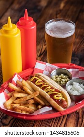 Hot Dog In Basket With Draft Beer 