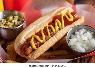 Hot Dog In Basket With Draft Beer 