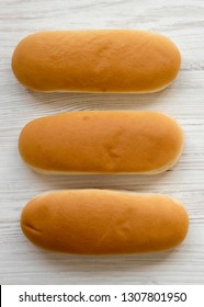 Hot Dog Buns On White Wooden Surface, Top View. Flat Lay, From Above, Overhead. Closeup. 