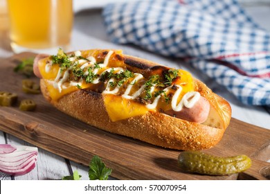 Hot Dog With Cheese And Beer