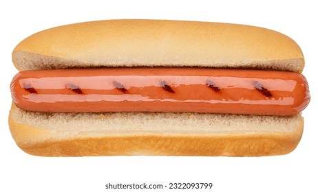 Hot Dog. Classic Hot Dog bun with pork or beef sausage, wiener or frankfurter without mustard, ketchup. Traditional American US or USA fast food. Grilled Hot Dog on July 4 Independence Day America - Powered by Shutterstock