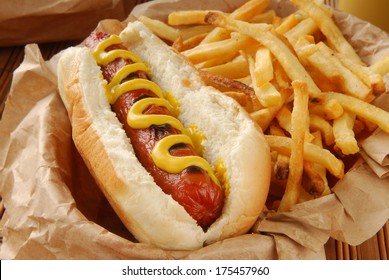 A Hot Dog With French Fries Closeup Served In A Basket