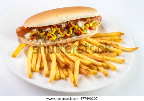 Hot Dog French Fries On White Stock Photo Edit Now