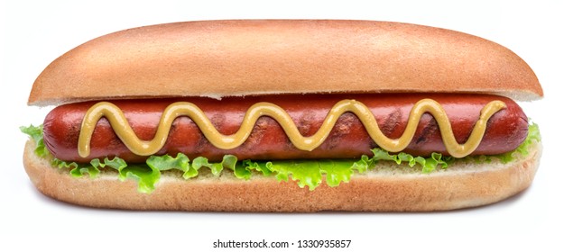 Hot Dog - Grilled Sausage In A Bun With Sauces Isolated On White Background.