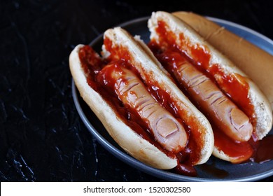 Hot Dog For Halloween. A Hot Dog Sausage In A Severed Finger In Abundance Ketchup As Blood. Food Ghoul. Recipes For Halloween.