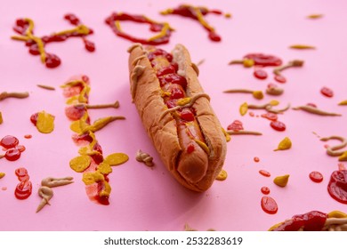 Hot dog with keptchup and mustard on a pink background - Powered by Shutterstock