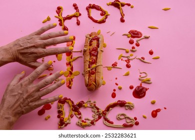 Hot dog with keptchup and mustard on a pink background - Powered by Shutterstock