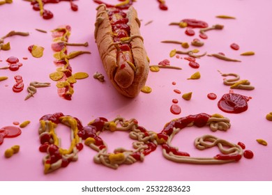 Hot dog with keptchup and mustard on a pink background - Powered by Shutterstock