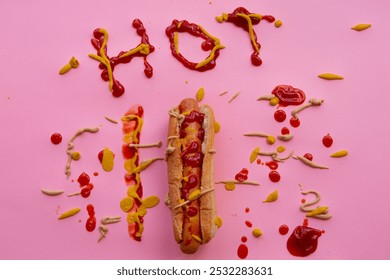 Hot dog with keptchup and mustard on a pink background - Powered by Shutterstock