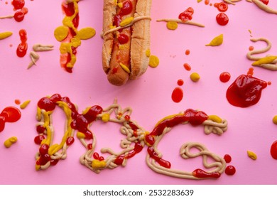 Hot dog with keptchup and mustard on a pink background - Powered by Shutterstock