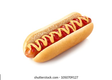 Hot dog with ketchup and mustard on white - Shutterstock ID 1050709127