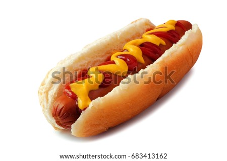 Hot dog with mustard and ketchup, side view isolated on a white background