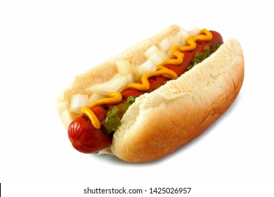 Hot Dog With Mustard, Onions And Relish, Side View Isolated On A White Background