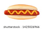 Hot dog with mustard, top view isolated on a white background