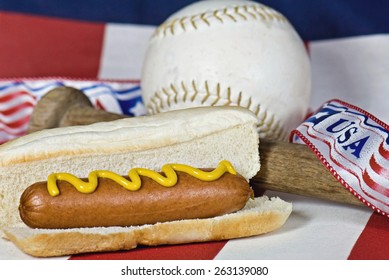 Hot Dog On Bun With Baseball And Bat On American Flag