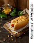 hot dog on rustic set background , farm style