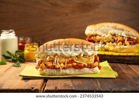 hot dog on  rustic set background , brazilian style