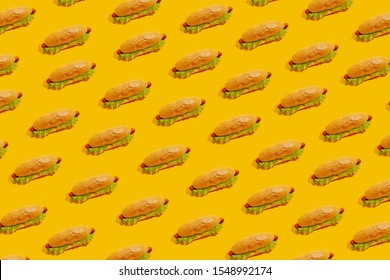 Hot Dog On A Yellow Background. Pattern