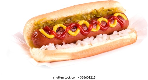 Hot Dog With Pickle Relish, Onions, And Swirled Ketchup And Mustard - Isolated